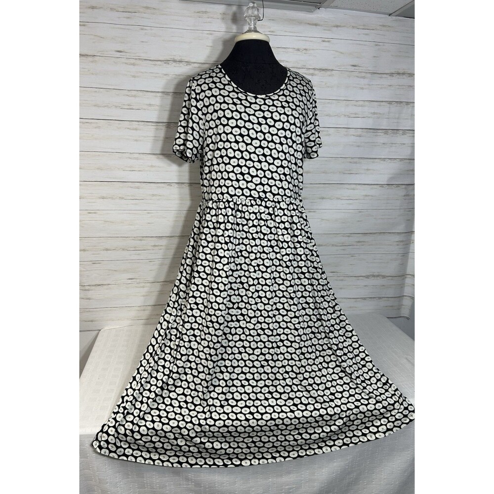 EUC! Gudrun Sjoden Black White Gray Dot Short Sleeve Dress Pockets LARGE Womens